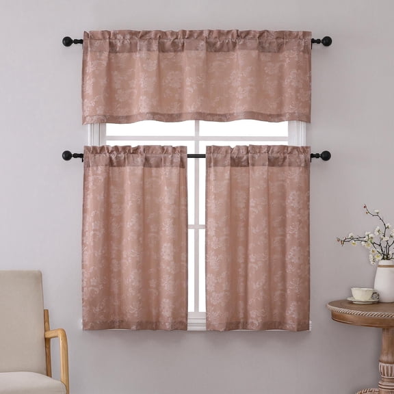 Kate Aurora 3 Piece Rod Pocket Orly Jacquard Floral Kitchen Curtain Tier & Valance Set - Assorted Colors