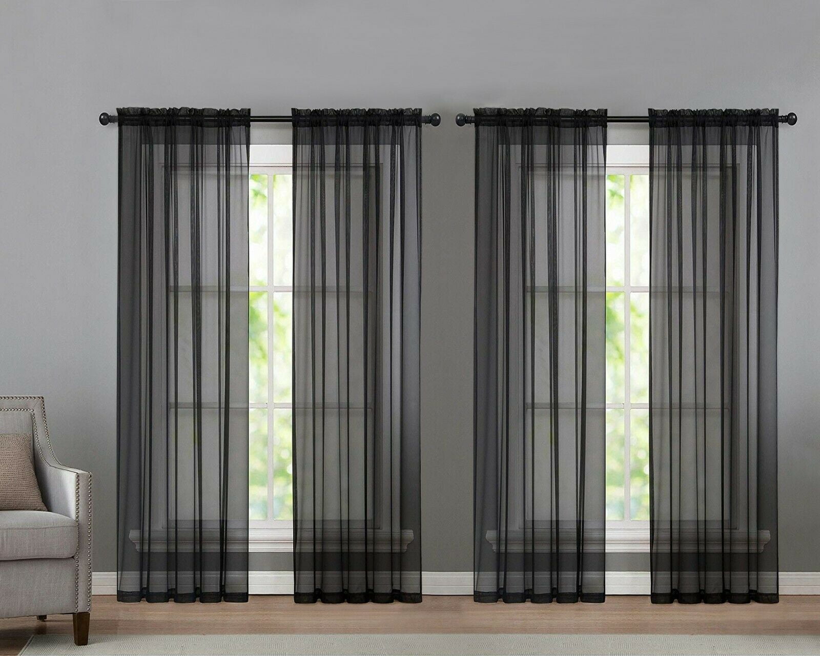 Kate Aurora 4 Pack Black Sheer Rod Pocket Curtains, 52” x 84” (4 Panels)