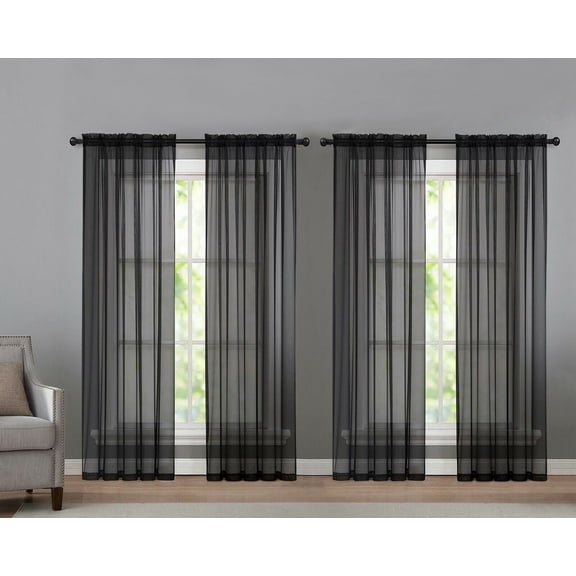 Kate Aurora 4 Pack Black Sheer Rod Pocket Curtains, 52 x 84 (4 Panels)