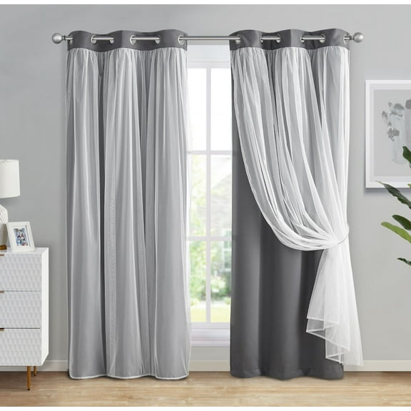 Kate Aurora Basic Elegance 2 Pack Double Layered Hotel Chic Sheer Light Defusing Curtains - 63 in. Long, Gray