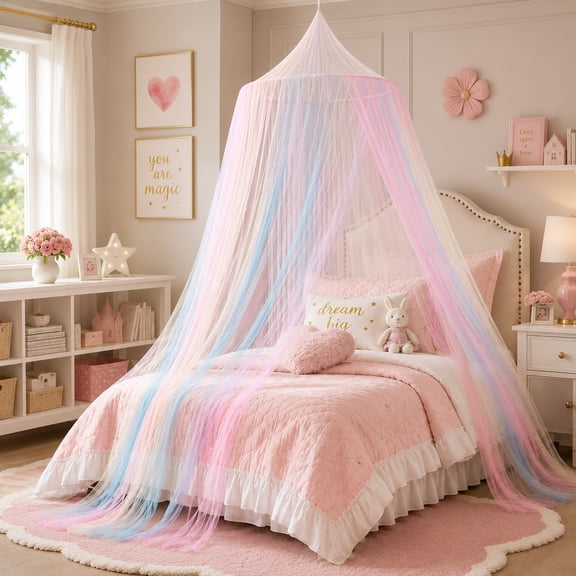 Kate Aurora Breathable Juvi Princess Rainbow Color Hanging Dome Canopy Tent Curtain Drape - For All Size Beds