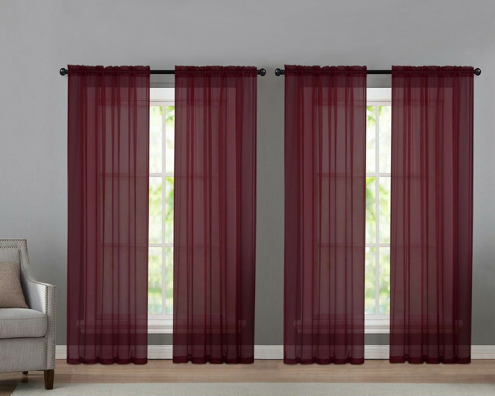 Kate Aurora Burgundy Sheer Rod Pocket Curtains, 52” x 84” (4 Panels)