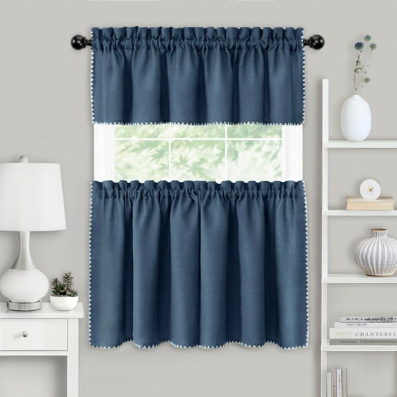 Kate Aurora Coastal Hamptons Living 3 Piece Textured Sheer Kitchen Curtain Tier & Valance Set - Assorted Colors & Sizes