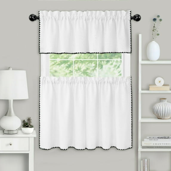 Kate Aurora Coastal Hamptons Living 3 Piece Textured Sheer Kitchen Curtain Tier & Valance Set - Assorted Colors & Sizes