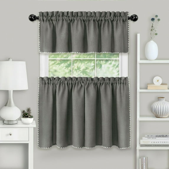 Kate Aurora Coastal Hamptons Living 3 Piece Textured Sheer Kitchen Curtain Tier & Valance Set - Assorted Colors & Sizes