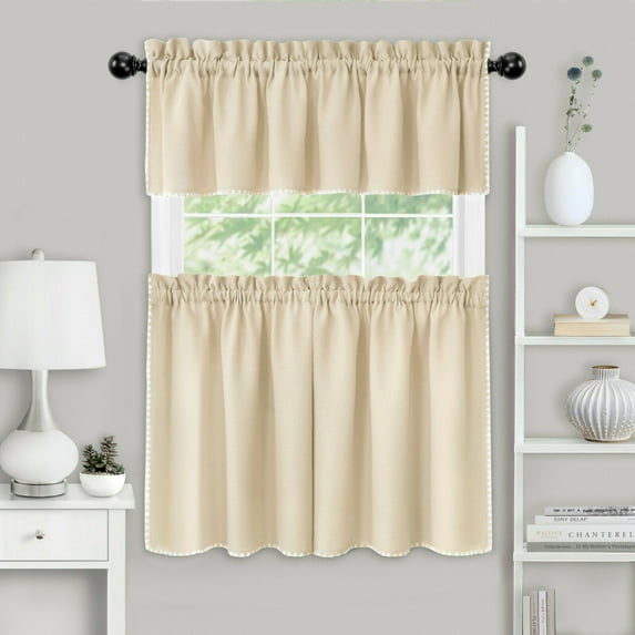 Kate Aurora Coastal Hamptons Living 3 Piece Textured Sheer Kitchen Curtain Tier & Valance Set - Assorted Colors & Sizes