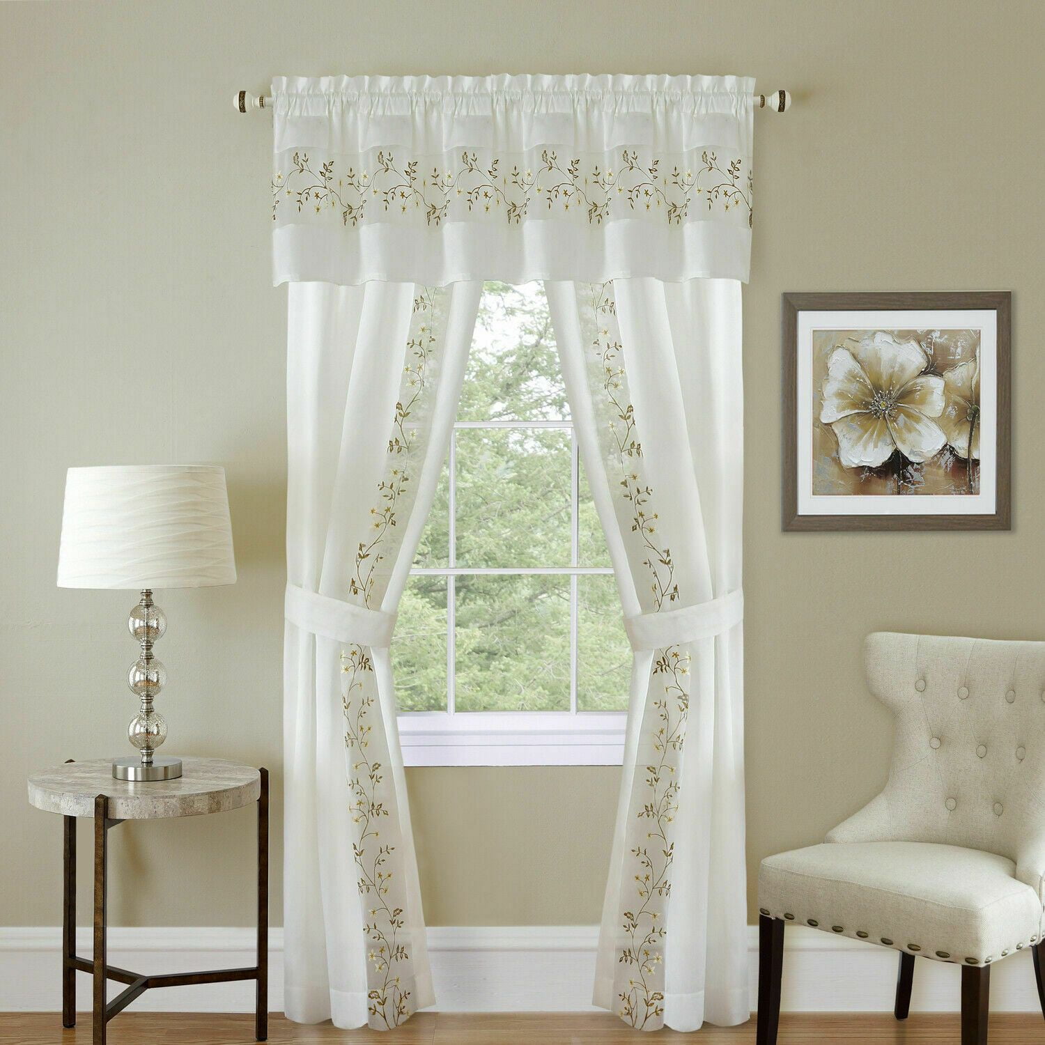 Kate Aurora Complete 5 Piece Embroidered Floral Attached Window in a Bag Sheer Curtain Set - Beige - 63 in. Long