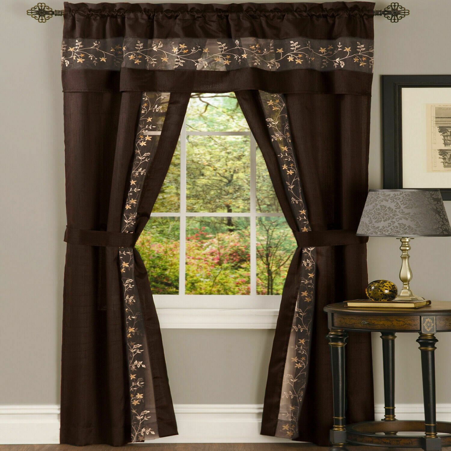 Kate Aurora Complete 5 Piece Embroidered Floral Attached Window in a Bag Sheer Curtain Set - Brown - 63 in. Long