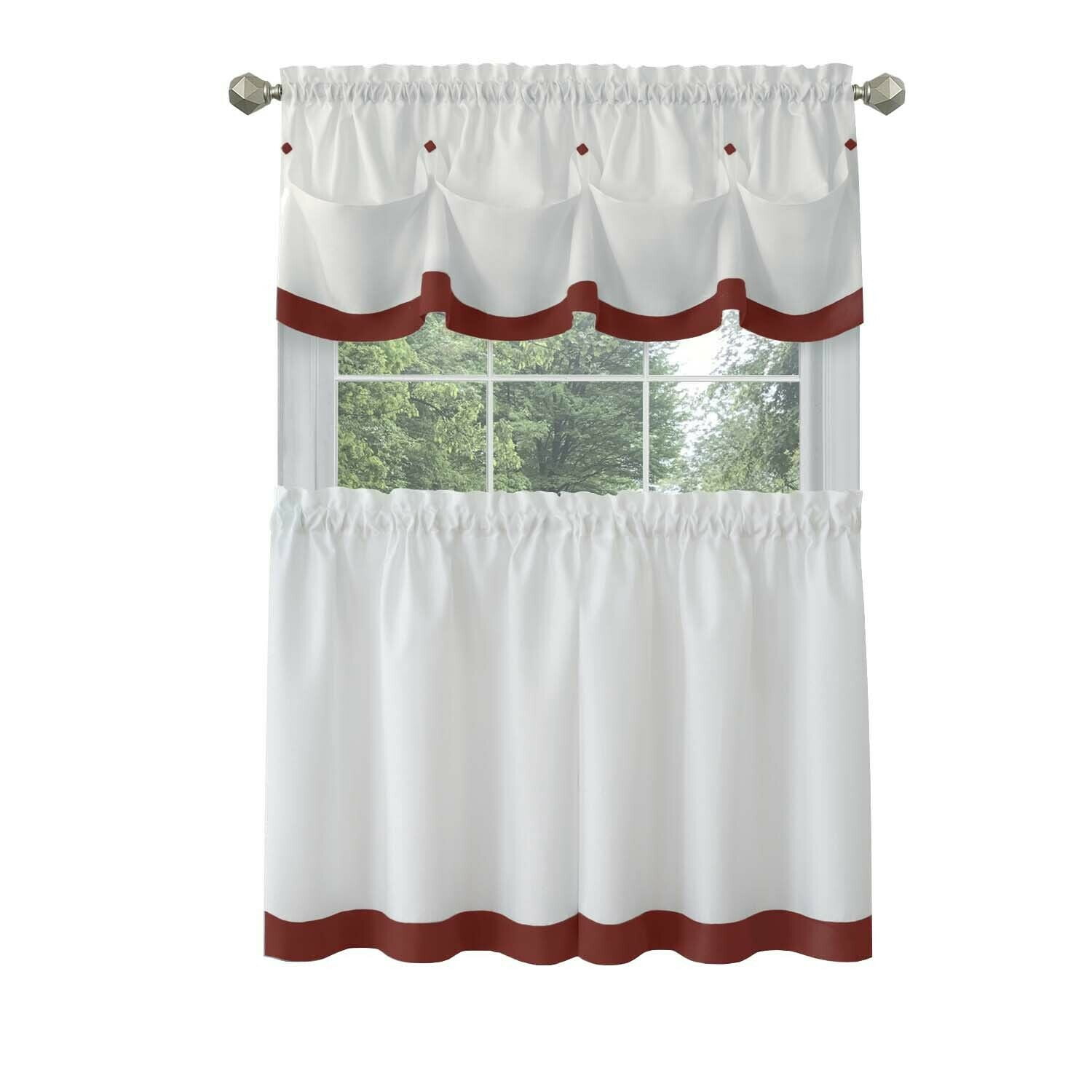 Kate Aurora Country Farmhouse 3 Pc Solid Cafe Kitchen Curtain Tier & Tucked Valance Set - Assorted Colors & Sizes