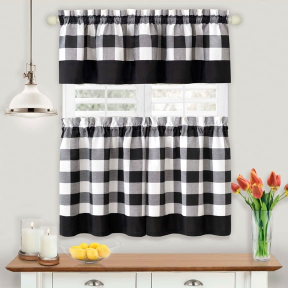 Kate Aurora Country Farmhouse 3 Piece Plaid Cafe Kitchen Curtain Tier & Valance Set - Assorted Colors & Sizes