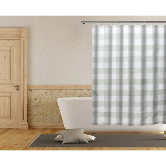 Kate Aurora Country Farmhouse Living Buffalo Plaid Checkered Gray & White Fabric Shower Curtain