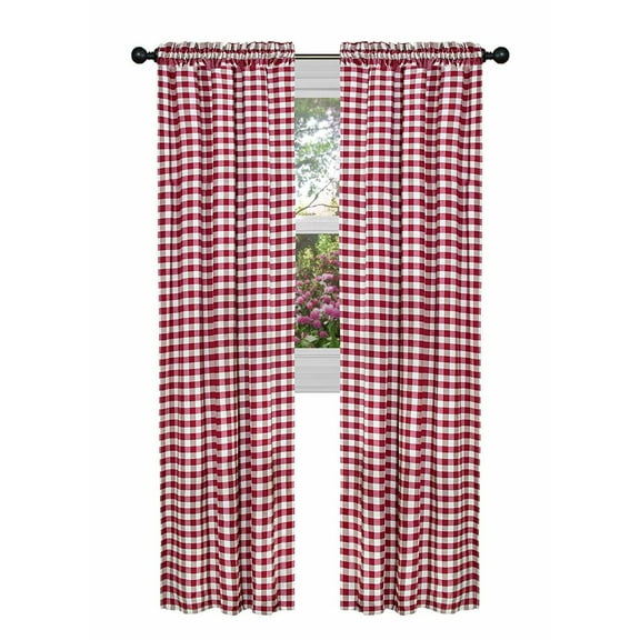 Kate Aurora Country Farmhouse Rod Pocket Buffalo Plaid Check Gingham Window Curtains - Country Burgundy, 95 in. Long