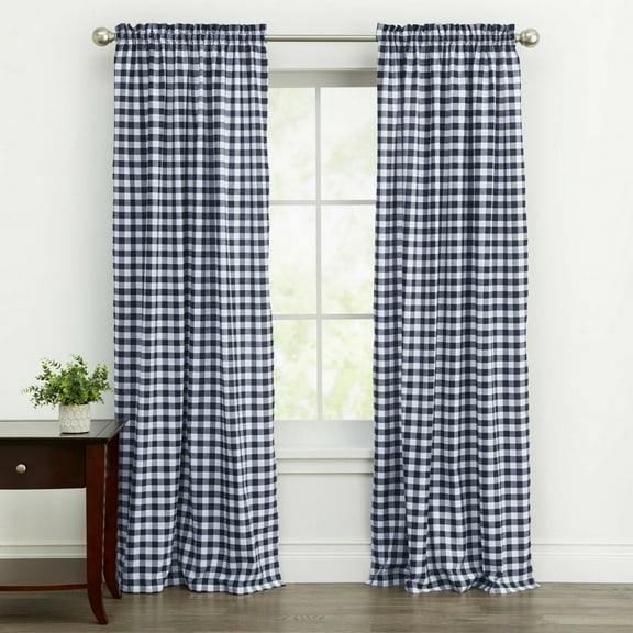 Kate Aurora Country Farmhouse Rod Pocket Buffalo Plaid Check Gingham Window Curtains - Navy Blue, 95 in. Long