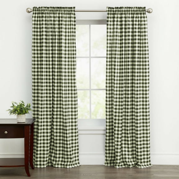 Kate Aurora Country Farmhouse Rod Pocket Buffalo Plaid Check Gingham Window Curtains - Sage Green, 84 in. Long