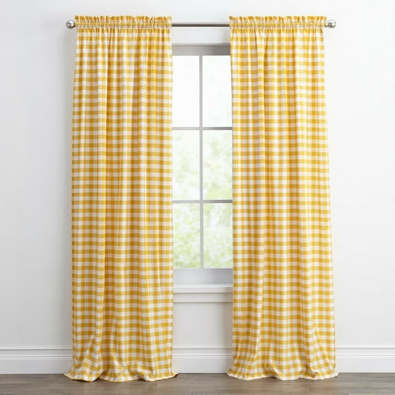 Kate Aurora Country Farmhouse Rod Pocket Buffalo Plaid Check Gingham Window Curtains - Yellow, 95 in. Long