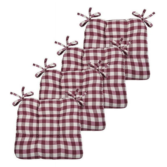 Kate Aurora Country Living Plush Gingham Plaid Checkered Country Farmhouse Chair Cushions/Pads With Tear Proof Ties - Assorted Colors