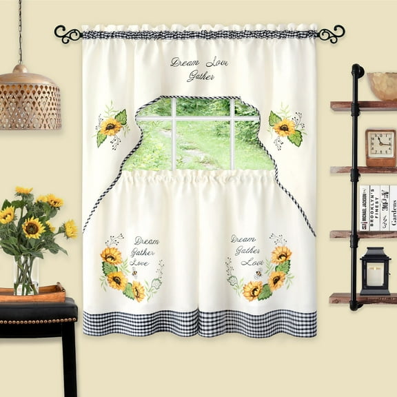 Kate Aurora "Dream, Love, Gather" Embellished Sunflowers & Bees Complete 3 Piece Kitchen Curtain Tier & Valance Set With Plaid Trim - Assorted Sizes