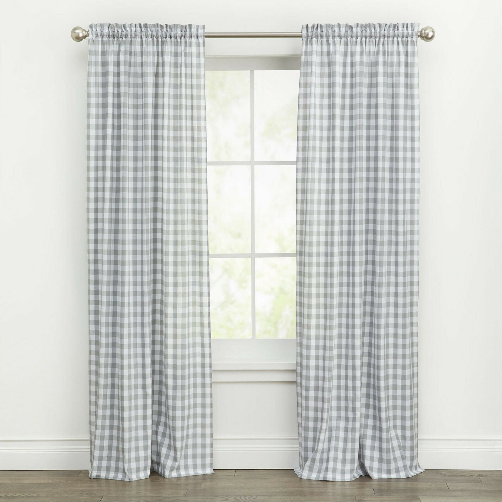 Kate Aurora Farmhouse Living Country Gray Plaid Rod Pocket Blackout Curtain, 42” x 95”