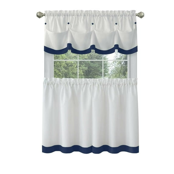 Kate Aurora Farmhouse Navy Solid Print Rod Pocket Light Filtering Kitchen Cafe Curtains, 56 x 36 in