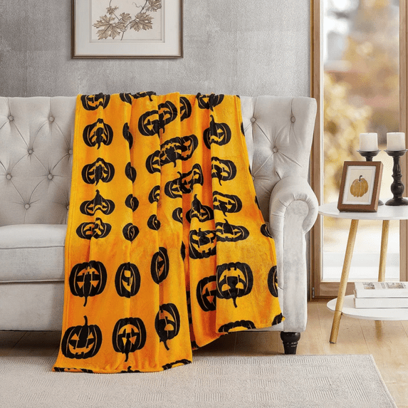 Kate Aurora Halloween Black & Orange Oversized Jack O' Lanterns Ultra Soft & Plush Throw Blanket - 50 in. W x 70 in. L