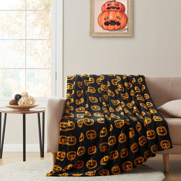 Kate Aurora Halloween Black Oversized Spooky Jack O' Lanterns Ultra Soft & Plush Throw Blanket - 50 in. W x 70 in. L