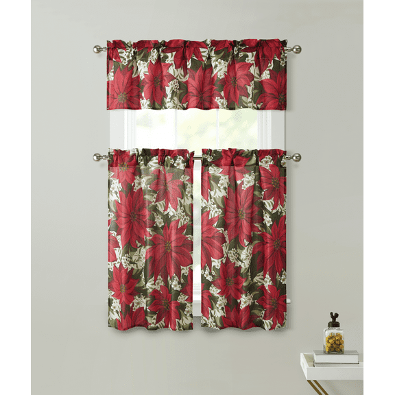 Kate Aurora Holiday Classic Red Poinsettia Christmas 3 Pc Kitchen Curtain Tier & Valance Set Light Filtering