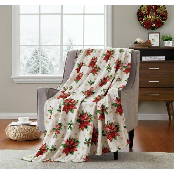 Kate Aurora Holiday Living Christmas Poinsettia Ultra Soft Accent Throw Blanket