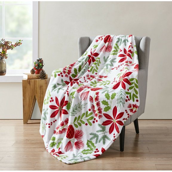 Kate Aurora Living Christmas Floral Poinsettia & Ferns Ultra Plush Hypoallergenic Throw Blanket