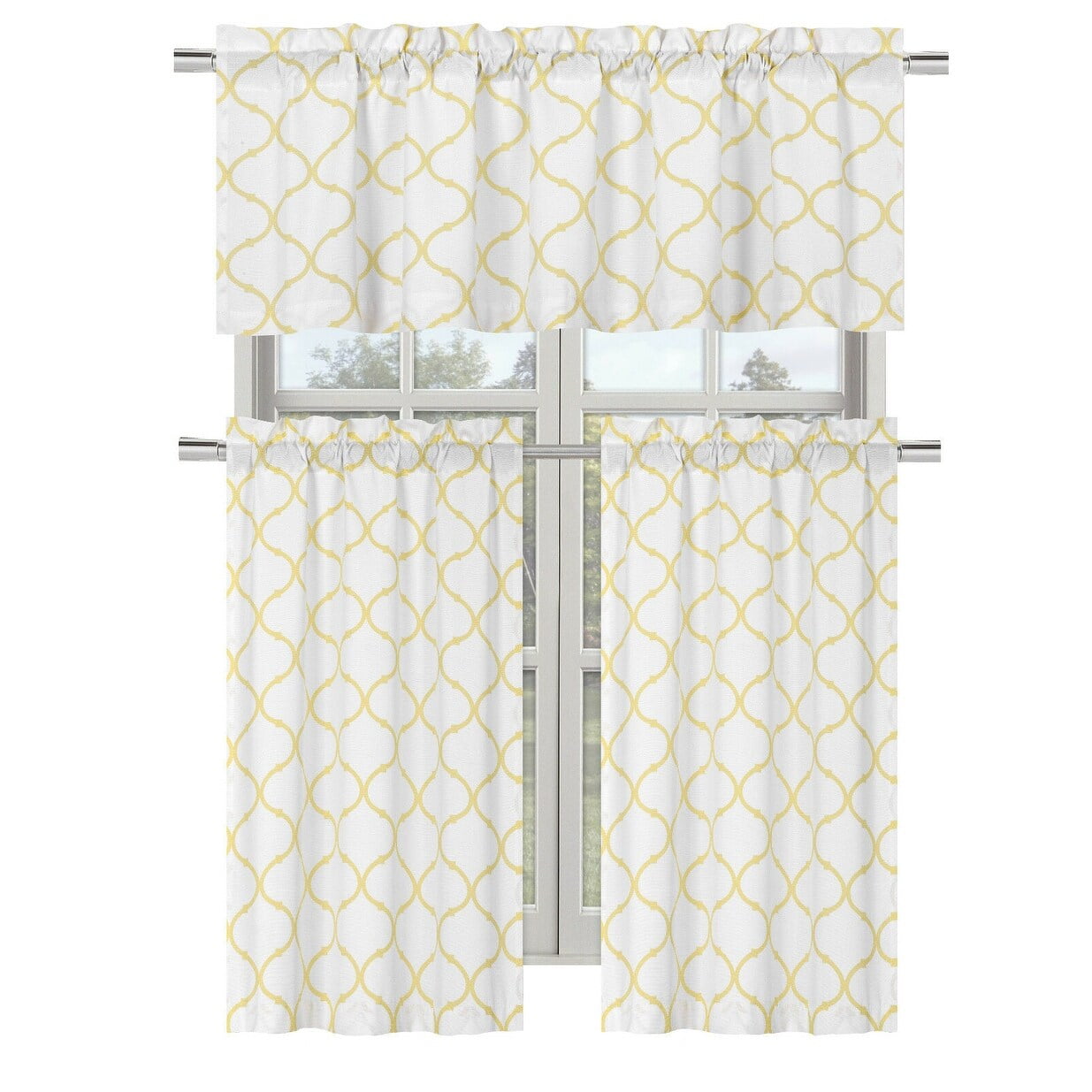 Yellow and White Cotton Trellis Kitchen Curtain Set