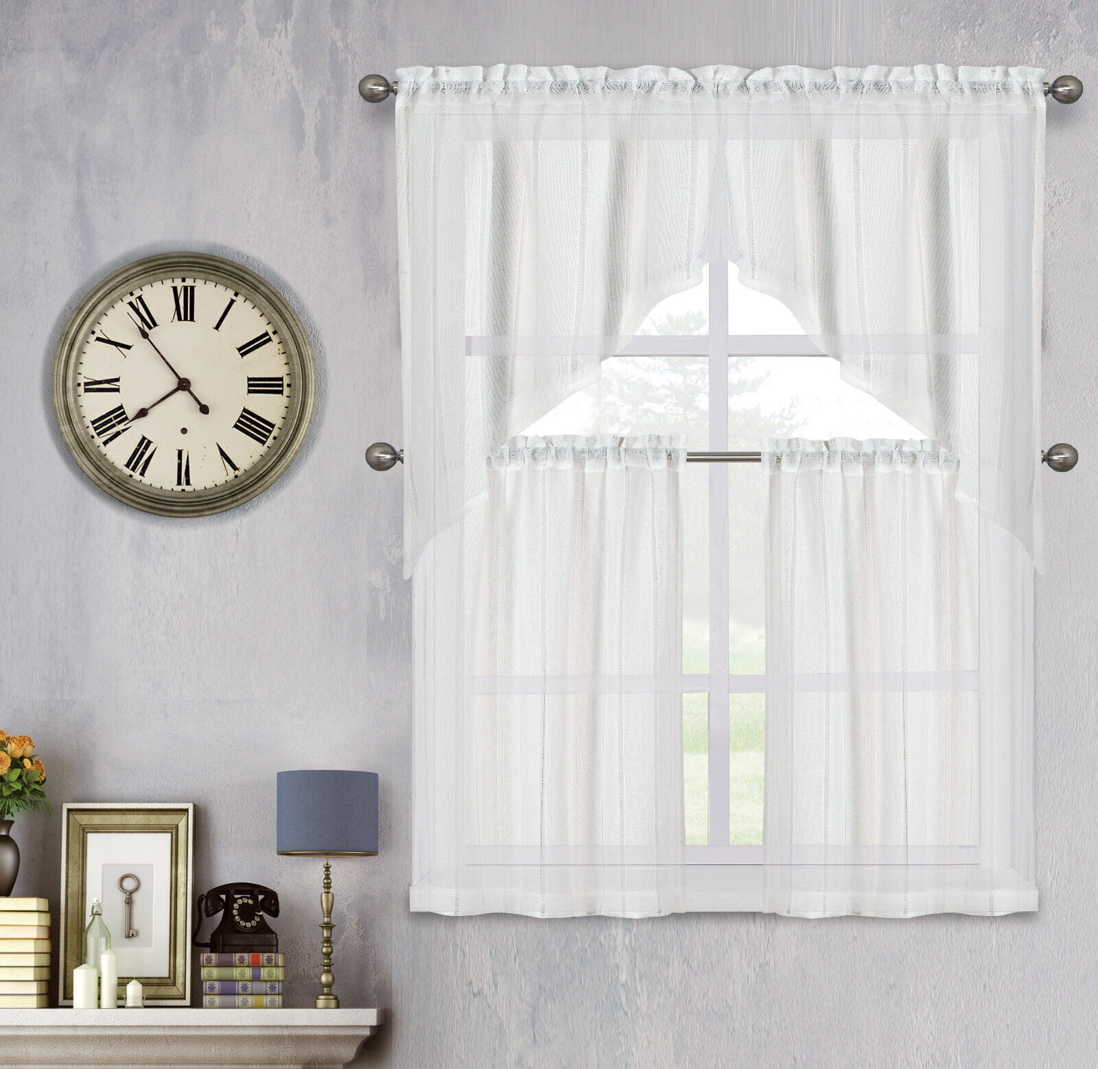 Kate Aurora Modern Chic Complete 4 Piece Striped Sheer Kitchen Curtain ...