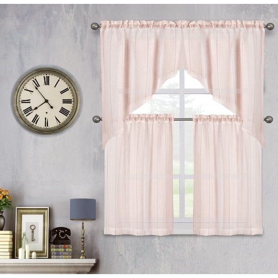 Kate Aurora Modern Chic Complete 4 Piece Striped Sheer Kitchen Curtain Tier & Valance Set - Rose