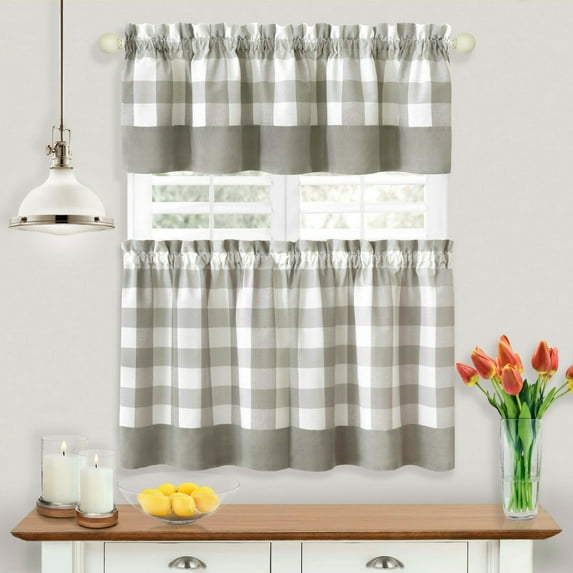 Kate Aurora Modern Country Farmhouse 3 Piece Plaid Cafe Kitchen Curtain Tier & Valance Set - Gray, 36 in. Long