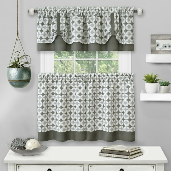 Kate Aurora Modern Geo Shabby Chic Gray Geometric Kitchen Curtains, 28” x 24” (2 Panels)