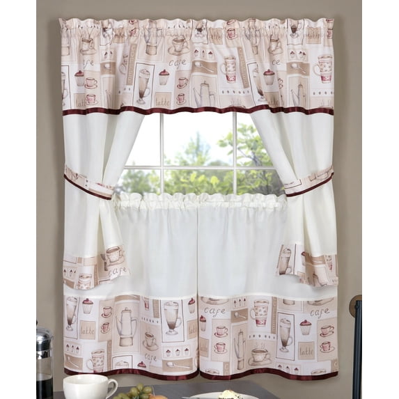Kate Aurora Mornings Complete 5 Pc. Cappuccino, Lattes & Pasteries Designed Café Styled Kitchen Curtain Tier & Swag Valance Set - 36 in. Long