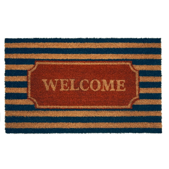 Kate Aurora Nantucket Coastal Striped Navy Colored Welcome Coir Bristled Outdoor All Season Welcome Mat - 18"x30"
