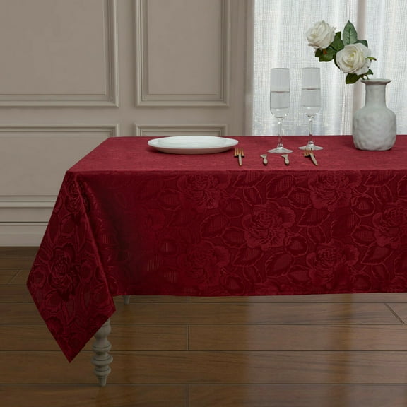 Kate Aurora Shabby Chic Floral Fabric Tablecloth - Burgundy, 104 in. Long (8-10 Chairs)