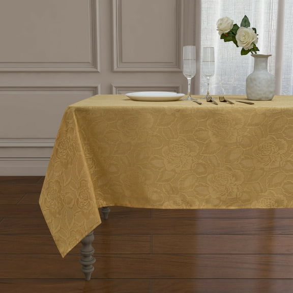 Kate Aurora Shabby Chic Floral Fabric Tablecloth - Gold, 84 in. Long (6-8 Chairs)