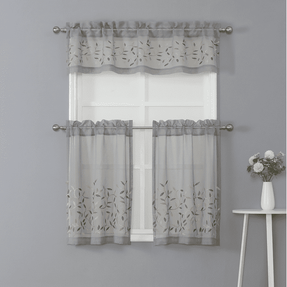 Kate Aurora Shabby Home Gray Floral Rod Pocket Sheer Kitchen Cafe Curtains, 58 x 36 in (2 Panels)