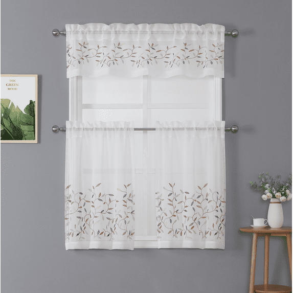 Kate Aurora Shabby Sheer Embroidered Complete 3 Piece Floral Rod Pocket Cafe Kitchen Curtain Tier & Valance Set - Assorted Colors