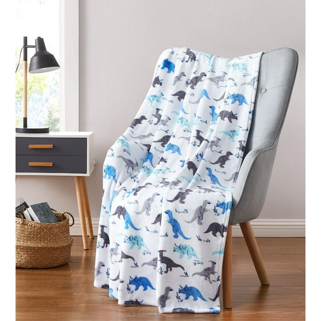 Kate Aurora Ultra Soft & Plush Blue & Gray Dinosaurs Fleece Accent Throw Blanket