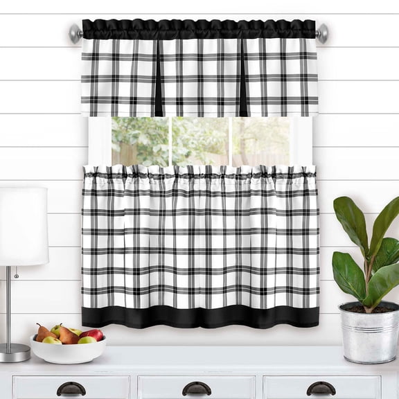 Kate Aurora Windowpane Plaid Country Farmhouse Kitchen Curtain Tier & Valance - Black, 24 in. Long