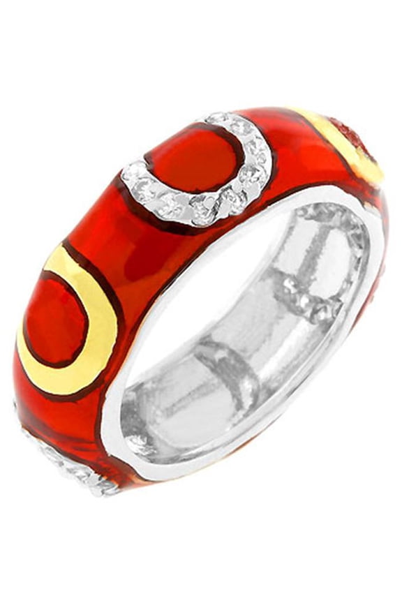 Genuine Rhodium Plated- 18k Gold Plated Horseshoes and Pink Enamel Overlay with Handset Clear CZ Eternity Ring- Size 10