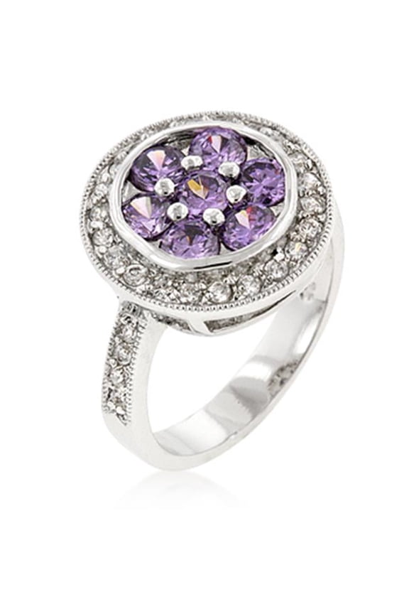 Genuine Rhodium Plated Fashion Ring with Amethyst CZ Center and Clear CZ Outer Layer in Silvertone - Size 9