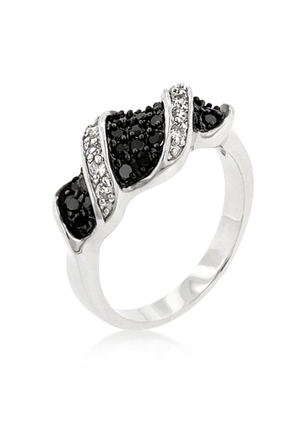 Genuine Rhodium Plated Jet Black and Clear CZ Contemporary Fashion Ring in Silvertone - Size 9