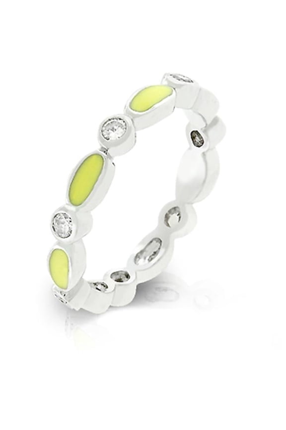 Genuine Rhodium Plated Link Style Stacker Ring with Yellow Enamel Finish and Bezel Set Round Clear CZ in Silvertone - Size 5