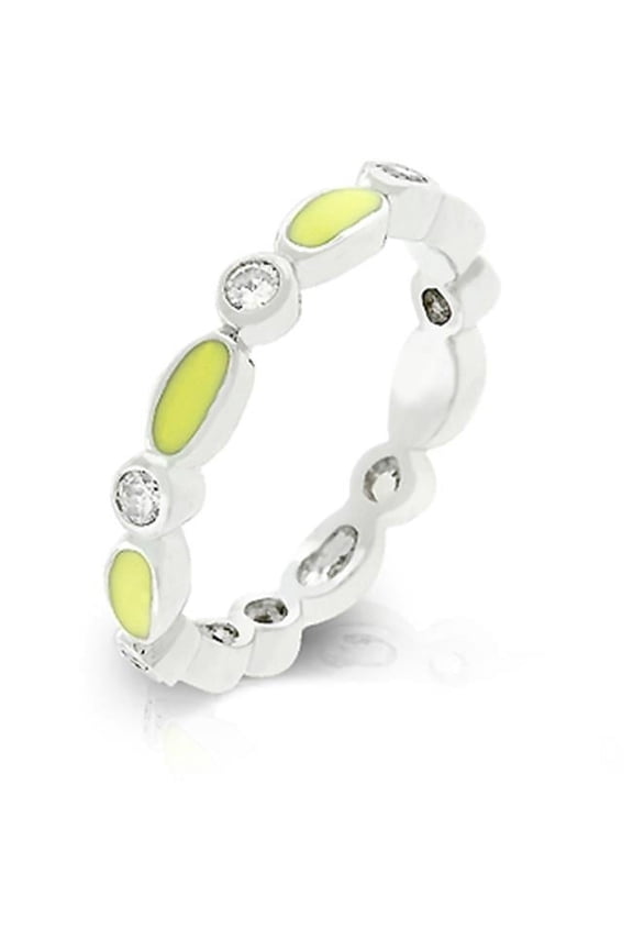 Genuine Rhodium Plated Link Style Stacker Ring with Yellow Enamel Finish and Bezel Set Round Clear CZ in Silvertone - Size 6