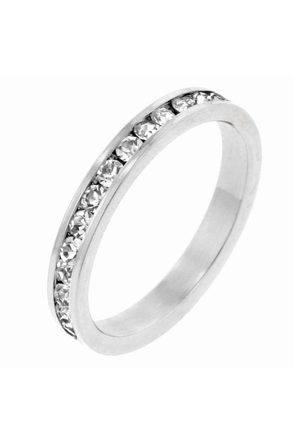 Genuine Rhodium Plated Stacker Ring with Round Cut Clear CZ in a Channel Setting in Silvertone- Size 6