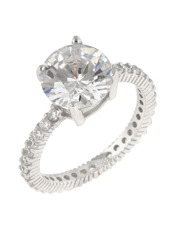 Genuine Rhodium Plated to .925 Sterling Silver Classic Engagement Style with a Pave CZ Band in Silvertone- Size 10