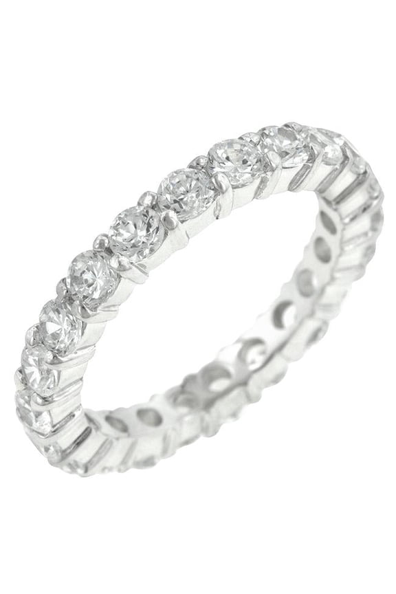 Genuine Rhodium Plated to .925 Sterling Silver Eternity Band with 3mm Clear CZ in a Prong Setting in Silvertone- Size 10
