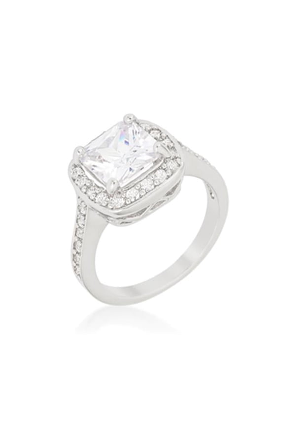 Halo Style Cushion Cut Engagement Ring - Silvertone Finish - Size 06